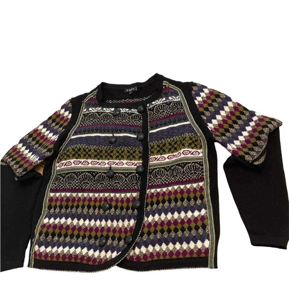 ETRO Black/multicolour wool-cashmere blend patterned knit cardigan